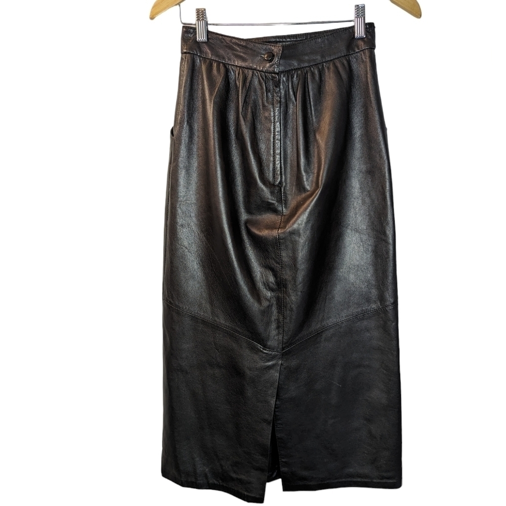 Vintage Friitala Black Leather Pencil Midi Maxi Lined Skirt Size 8 - Picture 2 of 13